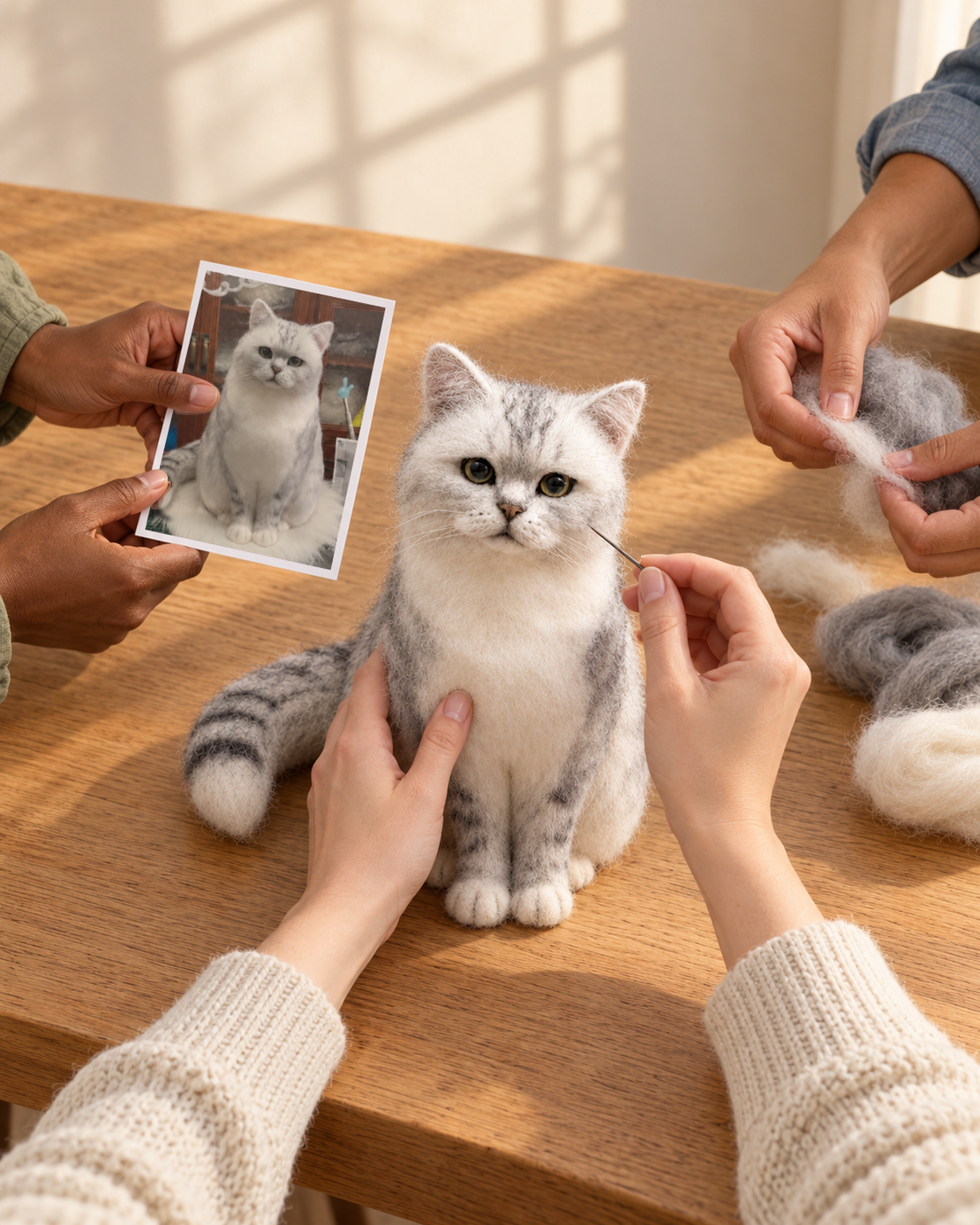 Three pairs of hands working on one felted cat