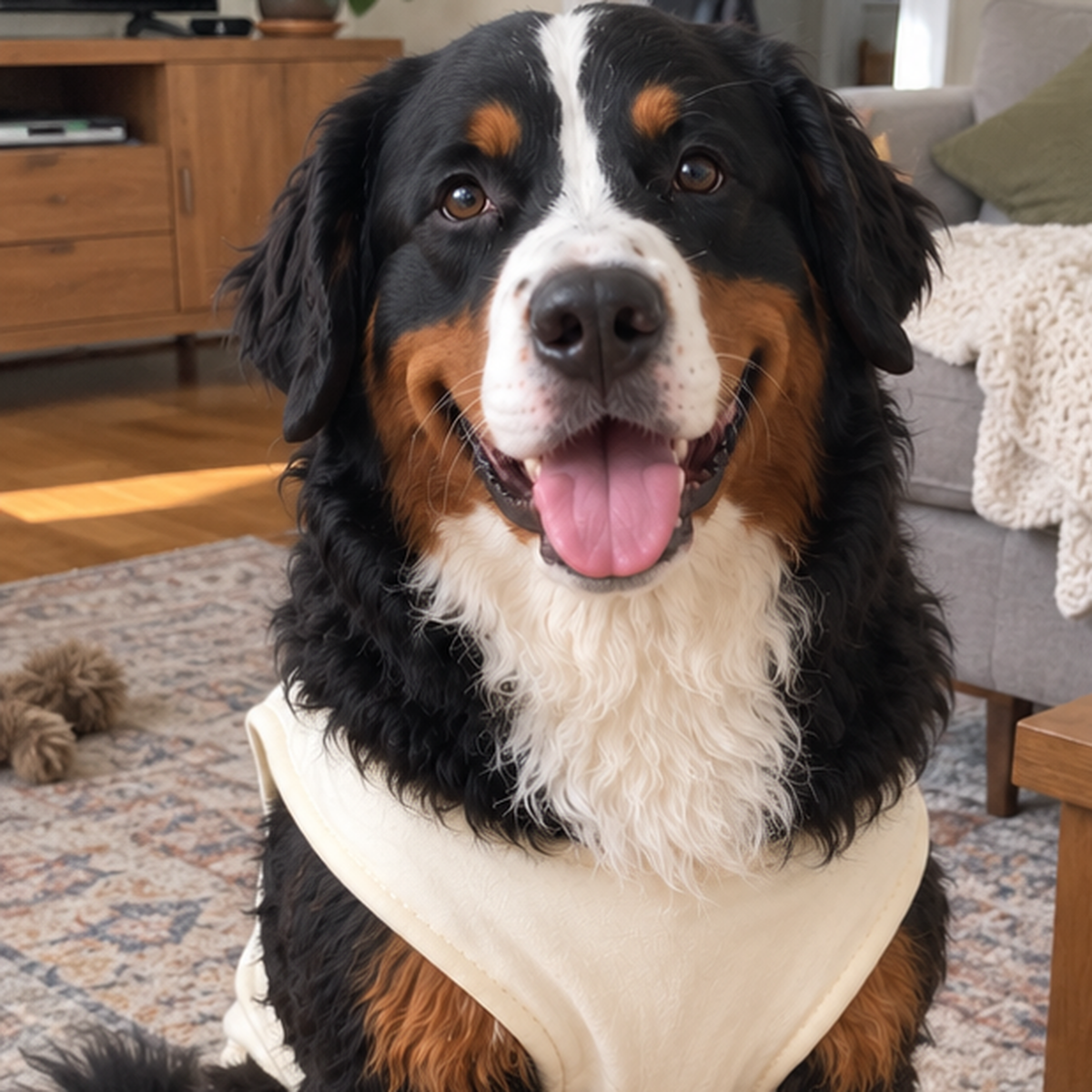 Reference photo of a Bernese Mountain Dog sitting on a living-room rug, looking at the camera