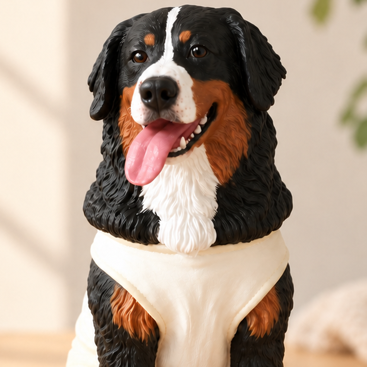 The finished resin figure of the same Bernese Mountain Dog, with the same markings and pose