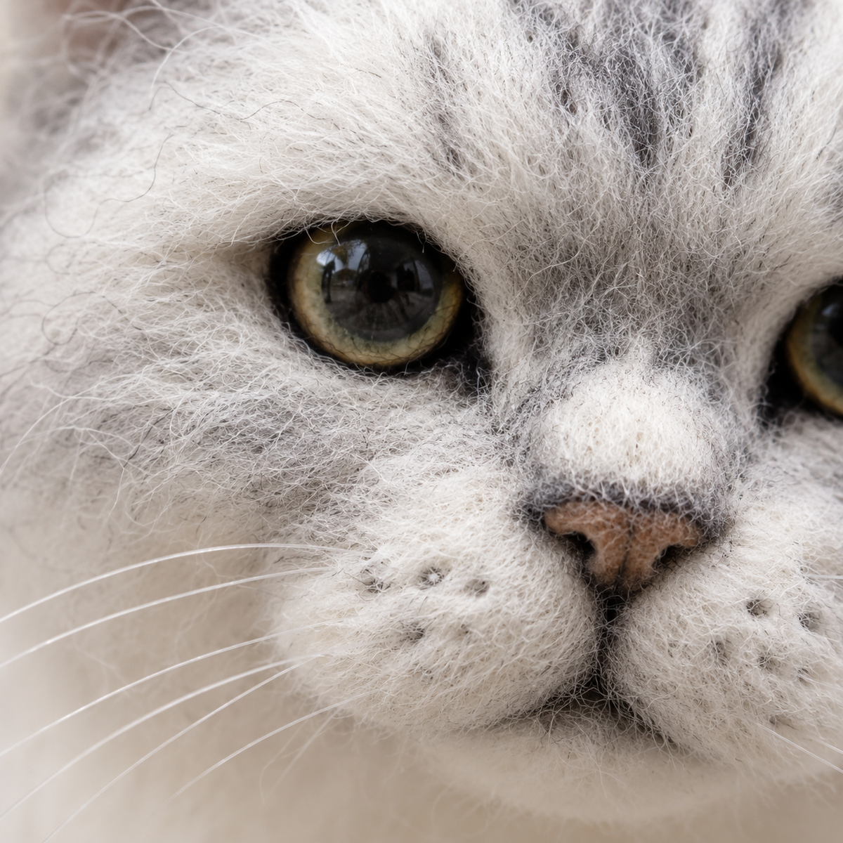 Close-up of the eye and whiskers of a needle-felted grey cat, with fine wool fibres