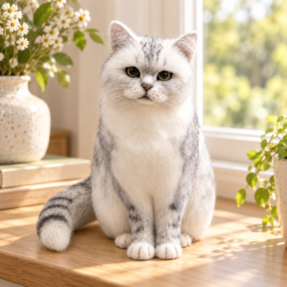 Felted full-body cat portrait on a sunny windowsill
