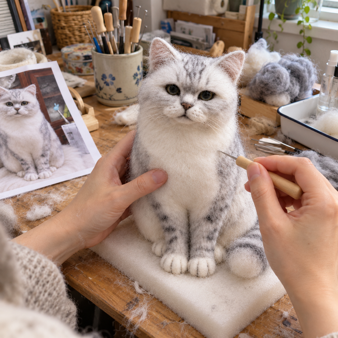 Hands needle-felting a cat portrait at a workbench, the reference photo beside it