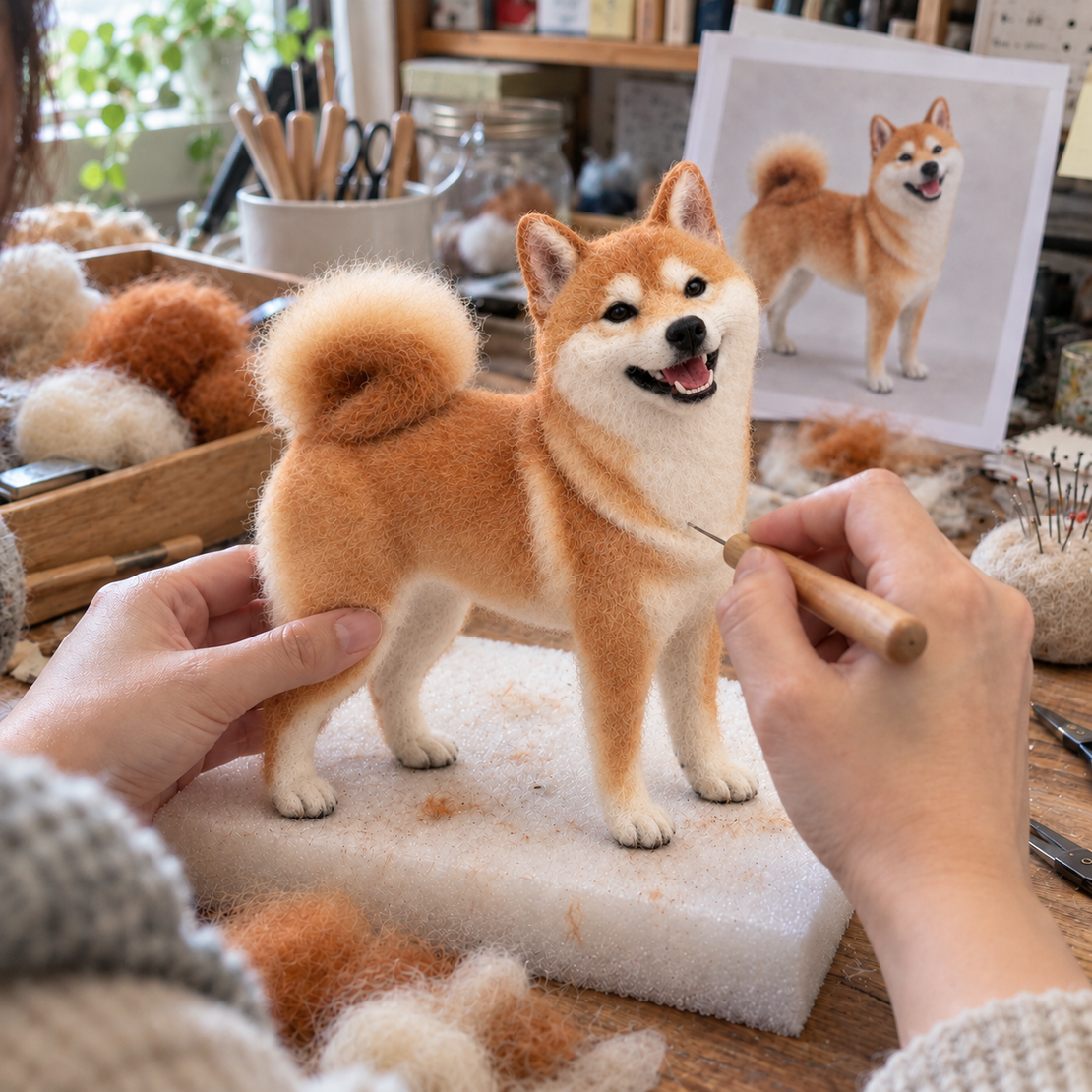 Hands needle-felting a dog portrait at a workbench, the reference photo behind it