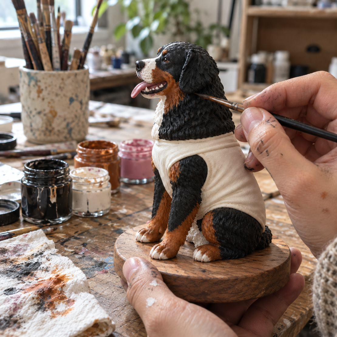 Hands painting a dog figure on its wooden base, paint pots and brushes around it