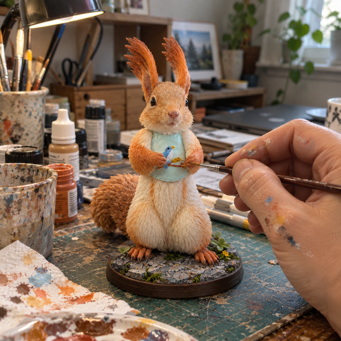 Hand painting a small-pet figure on its base, paint pots and brushes around it