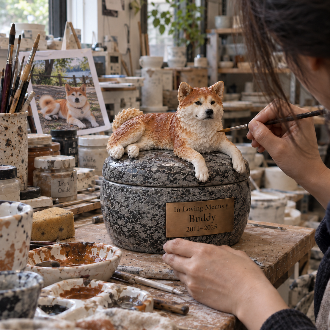 Hand painting a pet figure on the lid of a keepsake urn