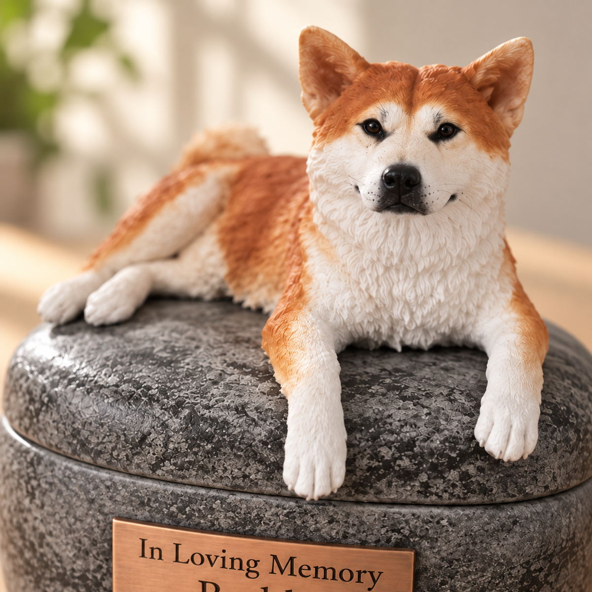 Pet figure keepsake urn, close-up of the sculpted pet on the lid