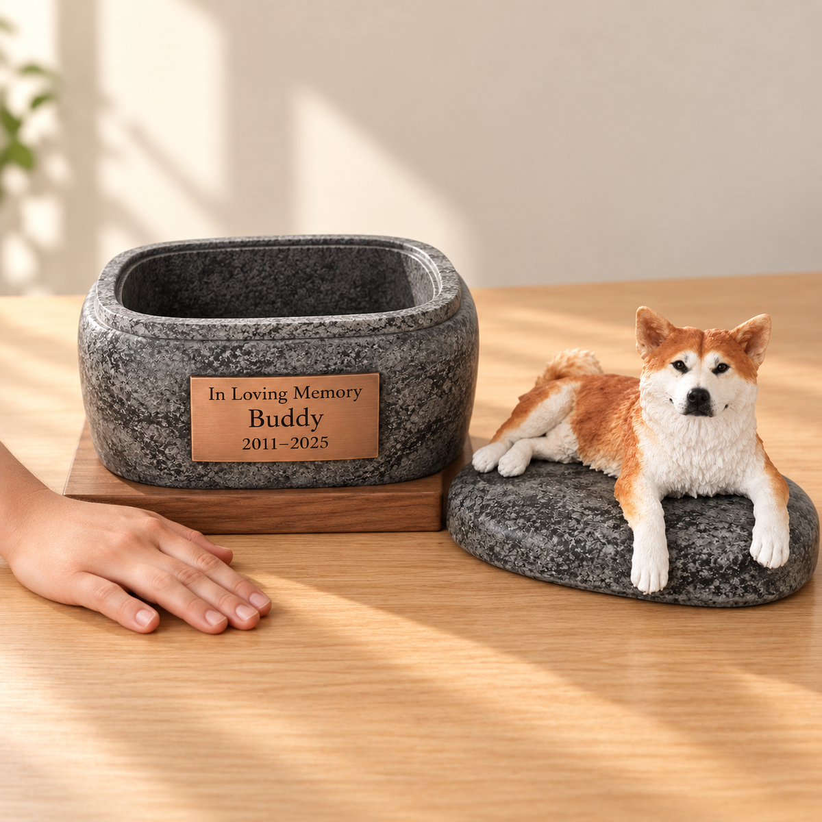 Pet figure keepsake urn, lid off, showing the inner chamber